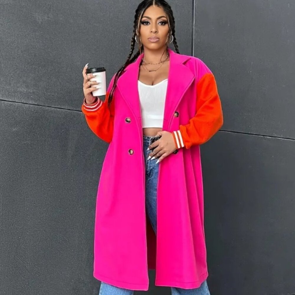 Callie Lives Oversized Varsity 2Face Pink & Orange Trench Coat Plus Size 0X - Picture 2 of 3